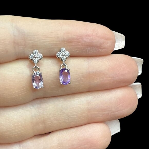 Purple clover dangle dainty amethyst earrings CZ Sterling Silver jewelry NEW - Picture 4 of 8